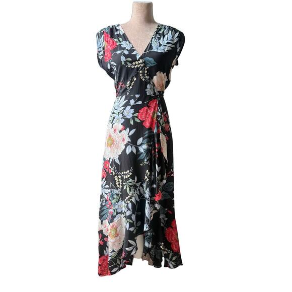 YUMI KIM Santorini Midi Wrap Dress Rain Forest Black Silk Floral Small Wedding - Picture 4 of 15